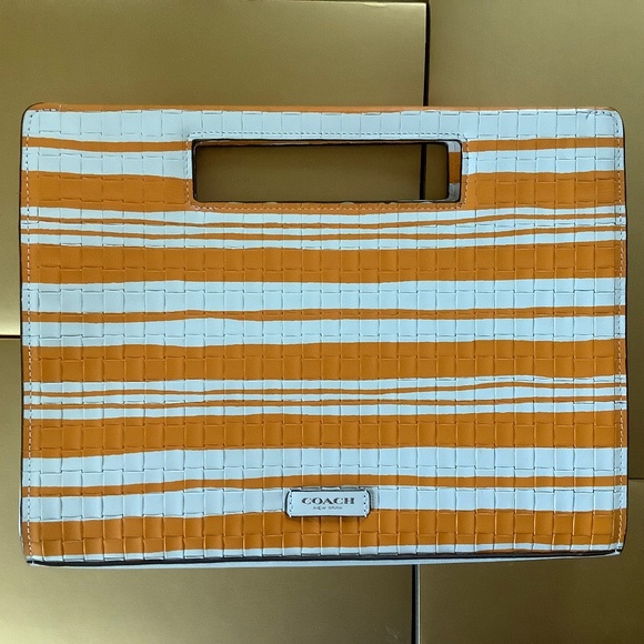 Coach Handbags - Coach Bleecker Embossed Woven Leather Pocket Clutch Bright Mandarin White NWOT